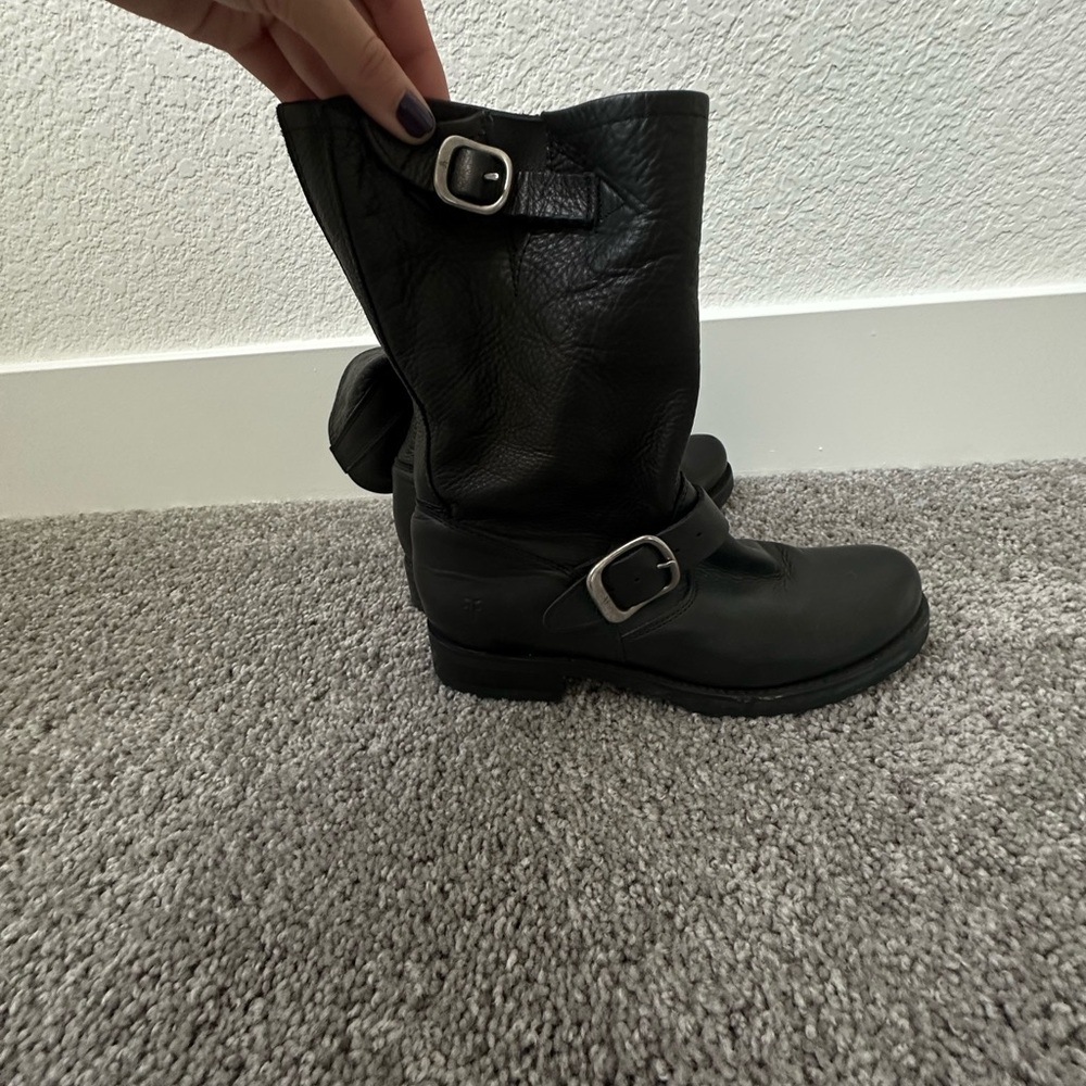 Frye Black Combat Moto Boots with Buckle Straps